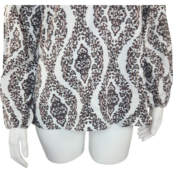 Belle by Kim Gravel Floral Ikat Blouson Sleeve Blouse Hot Fudge XX-Small - Picture 3 of 15